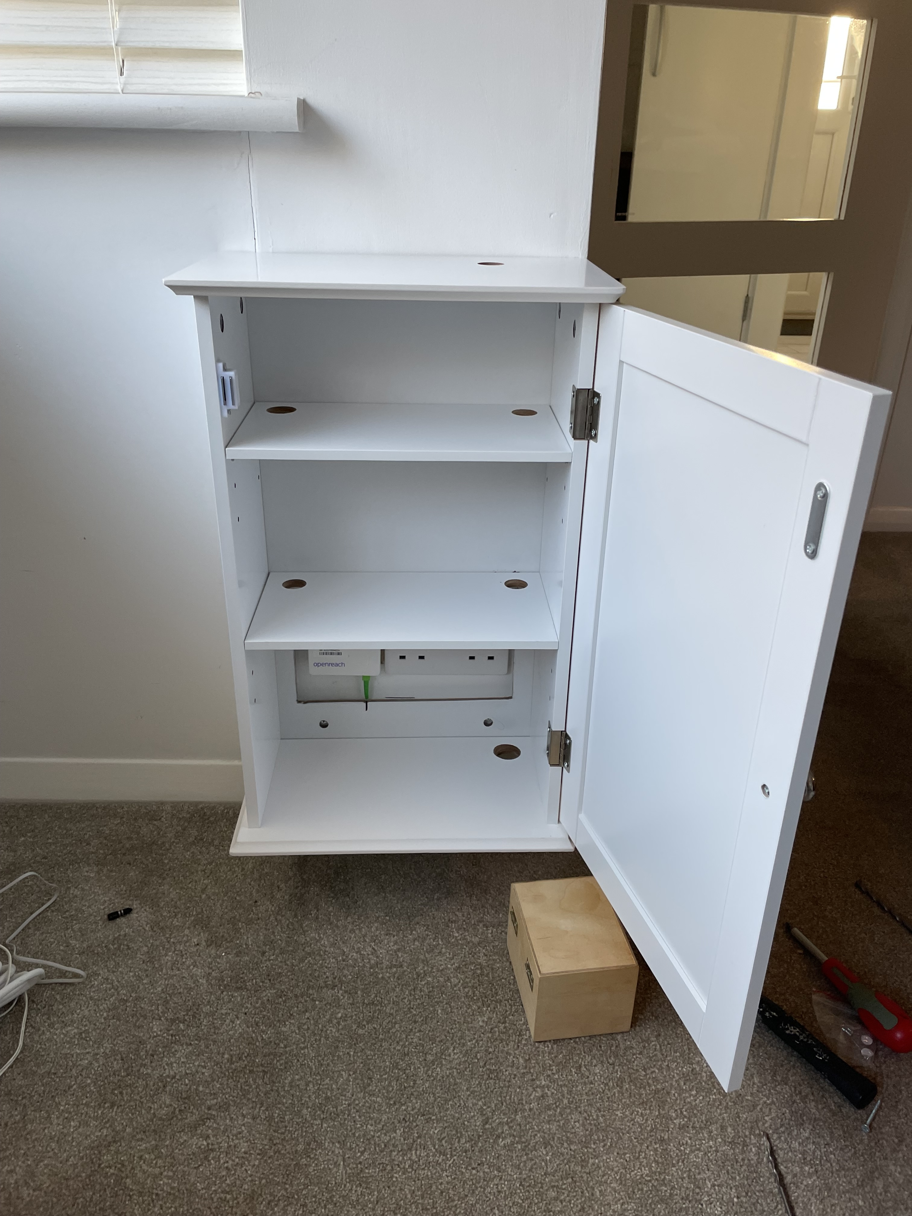 Now they know how many holes it takes to fill a bathroom cabinet